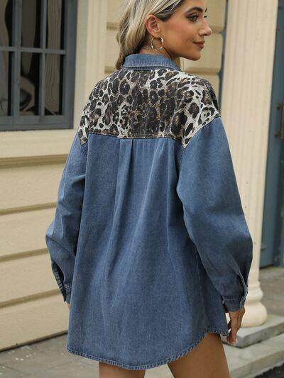 Leopard Button Up Long Sleeve Denim Jacket for Women
