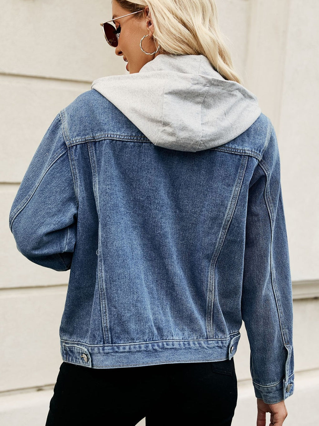 Women's Drawstring Hooded Button Up Denim Jacket