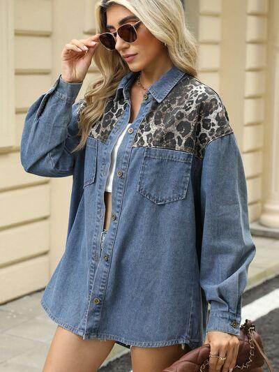 Leopard Button Up Long Sleeve Denim Jacket for Women