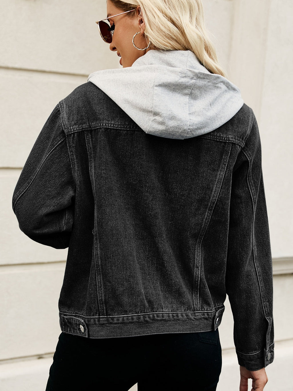 Women's Drawstring Hooded Button Up Denim Jacket