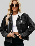 Women's Drawstring Hooded Button Up Denim Jacket